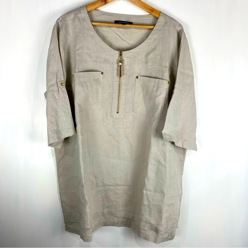 Ellen Tracy 100% Linen‎ Lagenlook Beachy Longline Popover Blouse Shirt Top XL